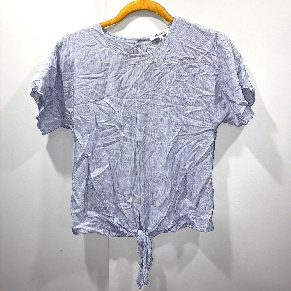 Madewell Blue White Stripe Tie Front Cropped Blouse XS Short Sleeve Button Back